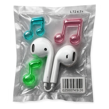 pair of white EarPods with three floating glass music notes in neon colors, shiny and puffy sticker