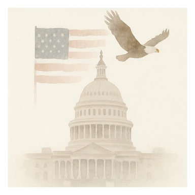 the US Capitol building, US flag in the background, eagle flying, painterly illustration style sticker