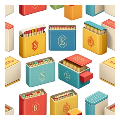 Icon for Matchbox Collecting: a collection of colorful vintage matchboxes arranged in a row, with the match tips visible on the sides. The icon should highlight the unique design and charm of the matchboxes from various places. Transparent background. sticker