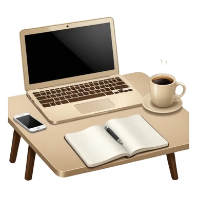 Laptop on the rectangular beige table, coffee and notebook sticker
