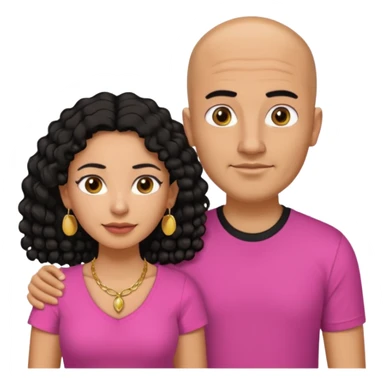 A picture if a couple. the man is a Mexican man with tanned skin, black hair, a bald hair cut, short boxed beard, and with a black t-shirt on. the woman is mixed with black and white, with brown curly long hair, gold earrings, a gold necklace and a pink shirt on and big boobs sticker