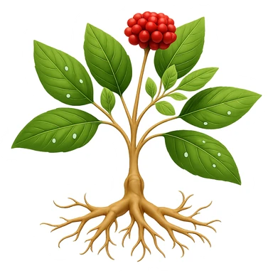Add one fruit, a sprinkle, and two leaves to the wild ginseng plant. Keep the background transparent. Maintain the style of the original image. sticker