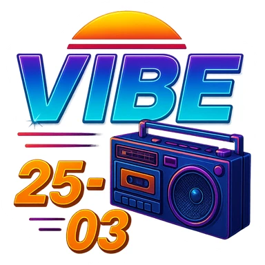 Remove the Rubik's cube and focus on a large cassette player boombox as the main retro element for the VIBE25-03 logo. Maintain the neon synthwave style and vibrant colors with no background, transparent background. sticker