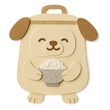 cute dog shaped like a rice cooker, round belly, holding a rice bowl, soft cream and brown colors, full-body sticker