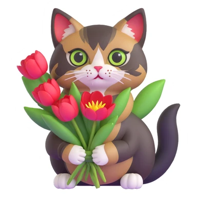 tricolor fluffy cat with big green eyes holding red tulips in her arms sticker