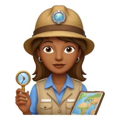 55-year-old female archaeologist, brown skin, wearing an archaeologist hat, small map beside her sticker