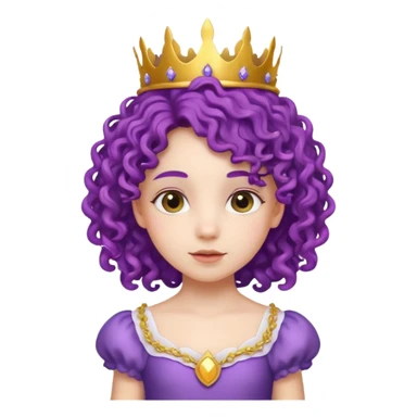 Princesses kid girl, with Gold Crown and flower on purple curly hair, with white dress sticker