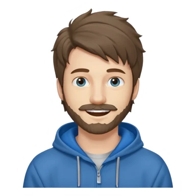 25 year old man, short scruffy beard and thin moustache, brown puffy mullet, blue eyes, big smile, white teeth, big lips, pronounced jaw, hair longer in back, sticking up on top, thin face, grey hooded sweatshirt, pale skin, big smile, blue eyes, puffy hair sticker