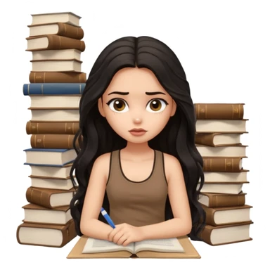 a pretty bratz light dusky girl with long wavy black hair in a brown tank top studying and lookinh tired with stacks of books and papers sticker