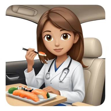 My little girlfriend Emmy, she is cute, is skinny, likes to eat sushi, wears scrubs. Has brown high with highlights, drives white tesla sticker