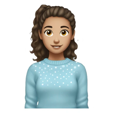 teenage girl, hispanic, freckles, afro brown hair, pony tail, short hair, brown eyes, light blue sweater, winter sweater, freckles, face dots sticker