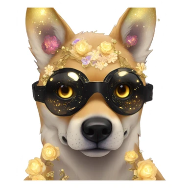 Black iridescent dog fox face head zombie skeleton gold mechanical nebula galaxy stars flowers fairy lights vintage sticker