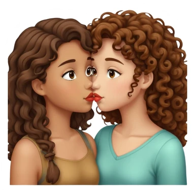Two girls kissing both tan one with curly hair the other with straight hair both have brown hair sticker
