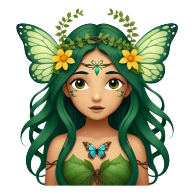 Cinematic Realistic Forest Nymph Fairy Portrait, depicted with lifelike, sun-kissed tanned skin that radiates an earthy glow, softly illuminated by natural, dappled light. Her long, flowing dark green hair is intricately detailed and interwoven with delicate vines and wildflowers, while her deep, soulful eyes mirror the wisdom of the forest. Dressed in an attire inspired by nature’s palette—with subtle botanical motifs—the portrait exudes a soft, enchanted glow that melds realism with woodland magic showing her large butterfly wings from her back. sticker