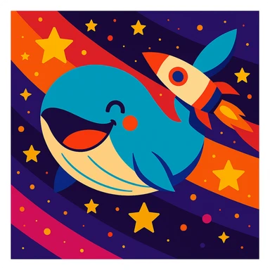 Add a colorful rocket ship flying near the happiest whale in space, maintaining the vibrant, joyful style and cosmic background. sticker