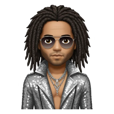 Lenny Kravitz with long dark brown dreadlocks, silver sequin outfit sticker