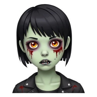 zombie girl with a black short hair, middle bangs, labret piercing, and emo style sticker