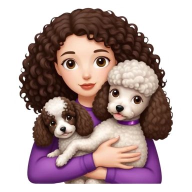 create a white curly haired girl (the hair is dark brown) hugging her poodle mini dog  sticker