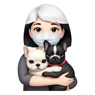 girl with short black straight hair and wearing a white mask and hugging a black French bulldog sticker
