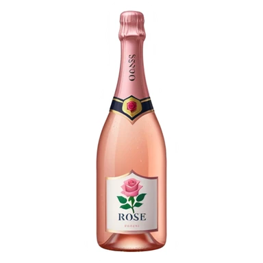 bottle of sparkling rosé with a rose logo on the label, angled to the left, no glass sticker