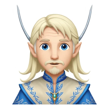 elf prince with pointy ears, white skin, silverblond shoulder-length hair, blue eyes, Chin beard, no crown or hat sticker