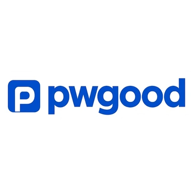 modern logo for 'pwgood' with bold sans-serif lettering, blue and white color scheme sticker