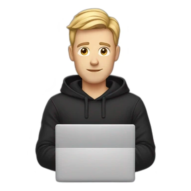 a serious-looking white man wearing a black hoodie behind a laptop sticker
