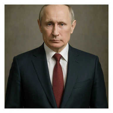highly realistic photorealistic portrait of Vladimir Putin, serious expression, full upper body visible, centered in the frame sticker