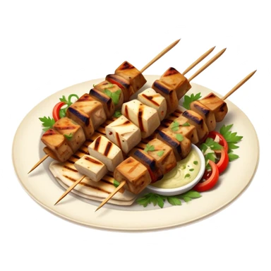 cinematic-realistic-souvlaki-dish-emoji,-showcasing-skewered,-grilled-chicken-with-mediterranean-spices-rendered-with-dynamic-textures-and-warm,-appetizing-lighting on pita bread on a plate sticker