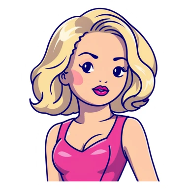 gorgeous woman with platinum wavy blonde hair with big puffy pouting burgundy lips, makeup, wearing a pink leather dress with cleavage, swaying her hips sticker