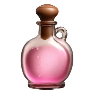Mysterious Alchemical vintage glass potion bottle, exquisite bottle shape, old and shabby, with label, stylish and minimalistic, brown and pink, oil potion is poured out of the bottle, oil is spilled next to it sticker