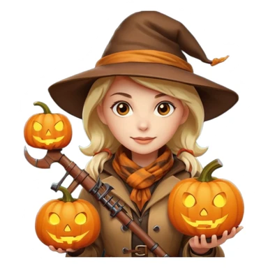 female human monster hunter emoji, wearing brown coat and hat, holding crossbow, soft smile, scarf, glowing pumpkin by her side, Halloween fantasy style, clean vector Apple emoji look, bright colors, white background, square sticker