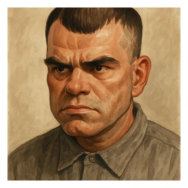stylized character portrait of Carl from Sling Blade, serious expression, recognizable features, neutral background sticker