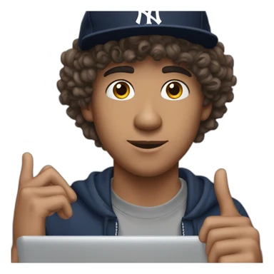 20yo curly hair mexican man with a MacBook and a yankees cap sticker