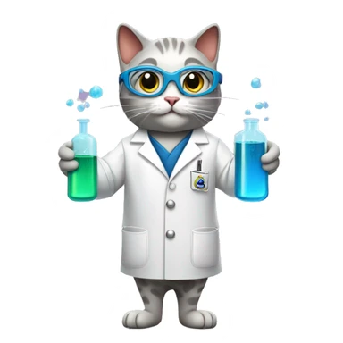 Cat wearing chemistry lab coat goggles and has two flasks with chemicals, one on each hand. show whole body  sticker