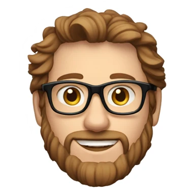35 year old guy caucasien coming from south of france, brown and curling mid long hair, trend black glasses, smiling, with no moustache and no bear sticker