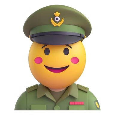 3D smiley emoji, round shape, soldier hat and camouflage uniform, smiling face sticker