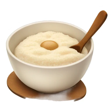 Rice pudding in a bowl with a wooden spoon sticker