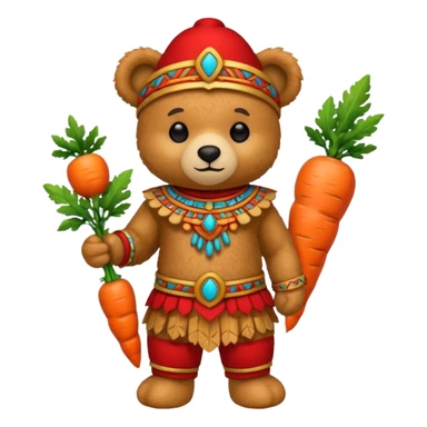 teddy bear, wearing red mayan ancient custome, with carrot half body sticker