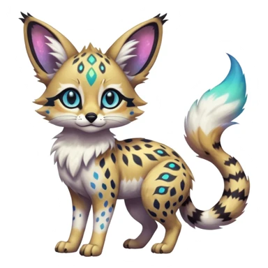 Rare iridescent white exotic epic aesthetic colorful Trico-Eevee-Serval-Genet-Civet-species-Fakemon-hybrid-creature, with intricate tattoo markings, full body sticker