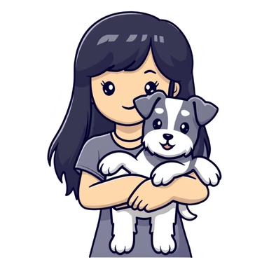 Girl with long black hair and bangs holding a white schnauzer dog sticker