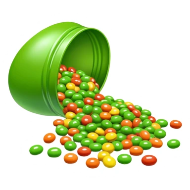 Skittles candy package spilling all green round candies, same package design but only green Skittles sticker