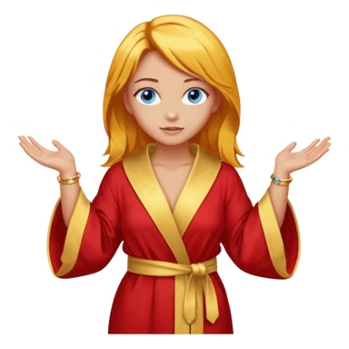 lightly tanned skin, blue eyes, cute and sexy girl with bright yellow-brown hair in a few shades of red robe, golden rings, slight cute makeup, full body, slightly turned aside pose, hands hidden behind back sticker