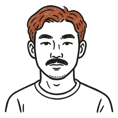 Asian man with black mustache and red hair, hand-drawn outlined style sticker