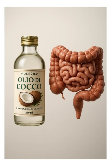 BOCCETTA DI OLIO DI COCCO BIOLOGICO (FAI UN ETICHETTA SUL PRODOTTO IN ITALIANO) CHE FLUTTUA IN ARIA INSIEME A UN INTESTINO UMANO ANATOMICO IN PERFETTA SALUTE, SFONDO CHIARO, iperrealistico 4k sticker
