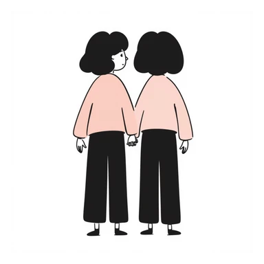 Silhouette of two identical twins seen from behind, standing side by side in pastel colors (dd9fb0, ffc6d3, a3bfc9, c4bee2, f1b091), hand-drawn doodle style sticker
