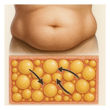 realistic belly with stubborn fat, cross section showing resistant adipocytes, medical style, natural colors, cellular details, arrows indicating resistance sticker