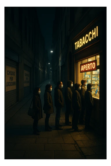 a deserted city street with all shops and businesses shuttered, their windows covered with “Chiuso per Lockdown” signs. In contrast, a brightly lit tobacco shop stands open, with a glowing “Aperto” sign and people lined up outside, all wearing masks. The mood is somber and critical, highlighting the paradox. in italiano sticker