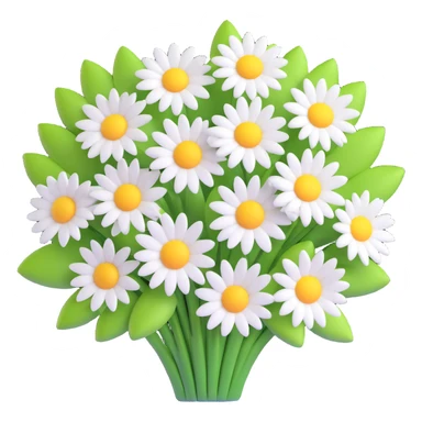 3D iOS emoji style, bouquet of daisies, vibrant white petals, yellow centers sticker