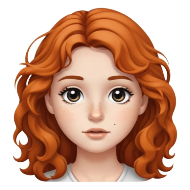 girl with wavy long hair, striking black eyes, subtle makeup, and scattered freckles sticker